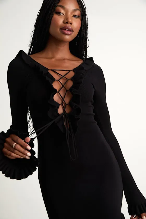 Haylea Black Ribbed Lace-Up Ruffled Sweater Mini Dress sold by Lulus product image thumbnail 2