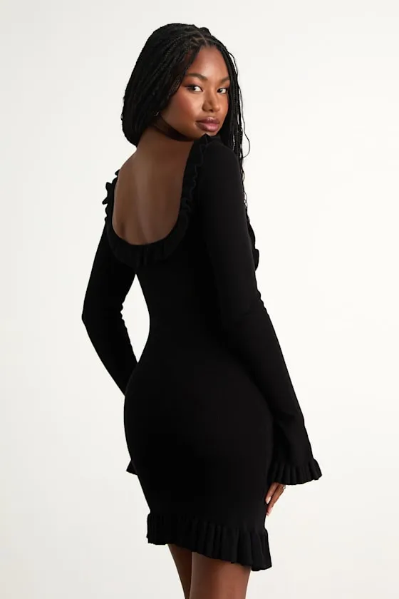Haylea Black Ribbed Lace-Up Ruffled Sweater Mini Dress sold by Lulus product image thumbnail 3