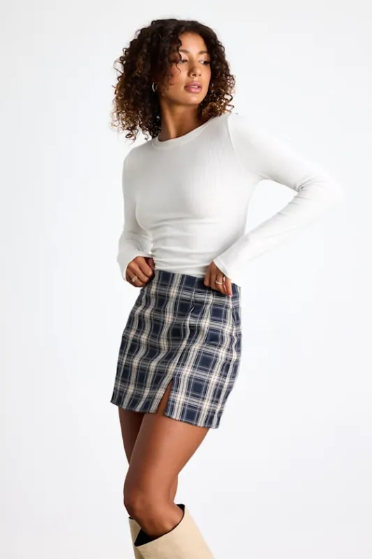 Greeting the Season Navy Plaid High-Waist Mini Skirt sold by Lulus