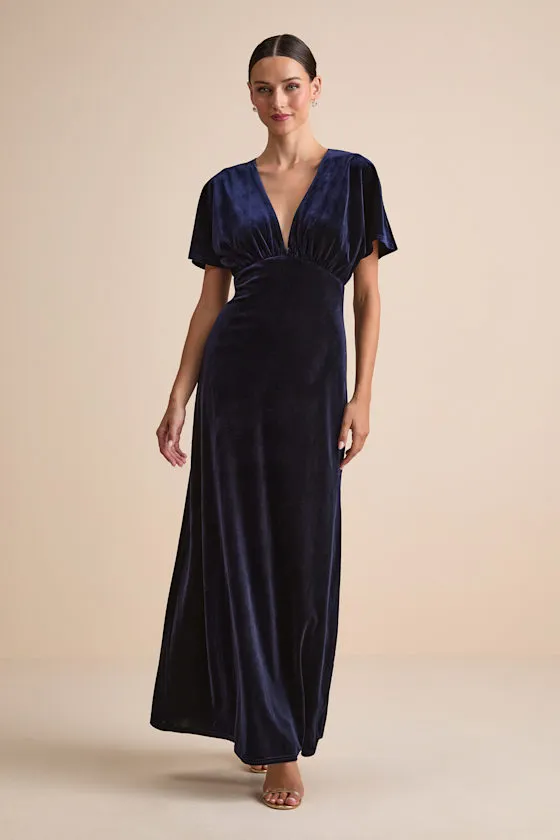 Mystical Charm Navy Velvet Flutter Sleeve Maxi Dress sold by Lulus