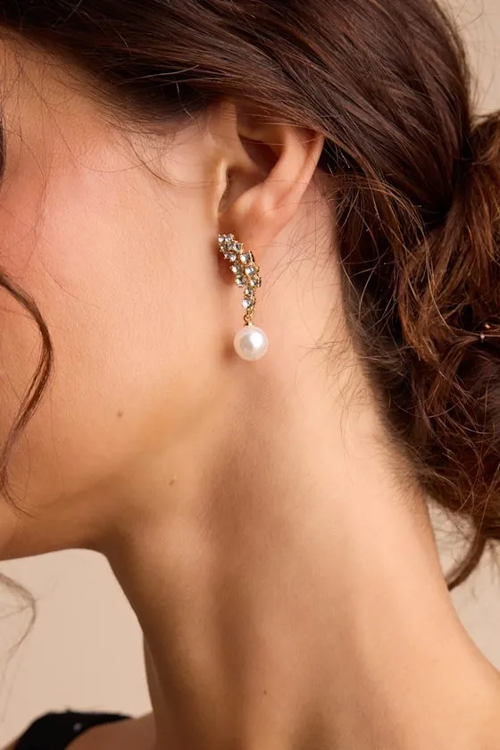 Gemmie Gold Rhinestone Pearl Leaf Earrings sold by Lulus