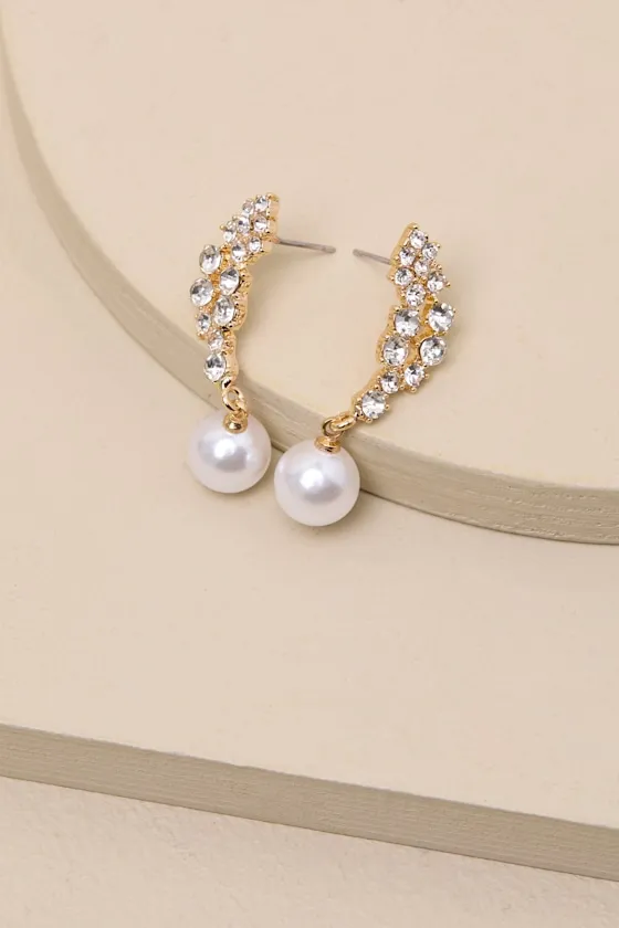 Gemmie Gold Rhinestone Pearl Leaf Earrings sold by Lulus product image thumbnail 2