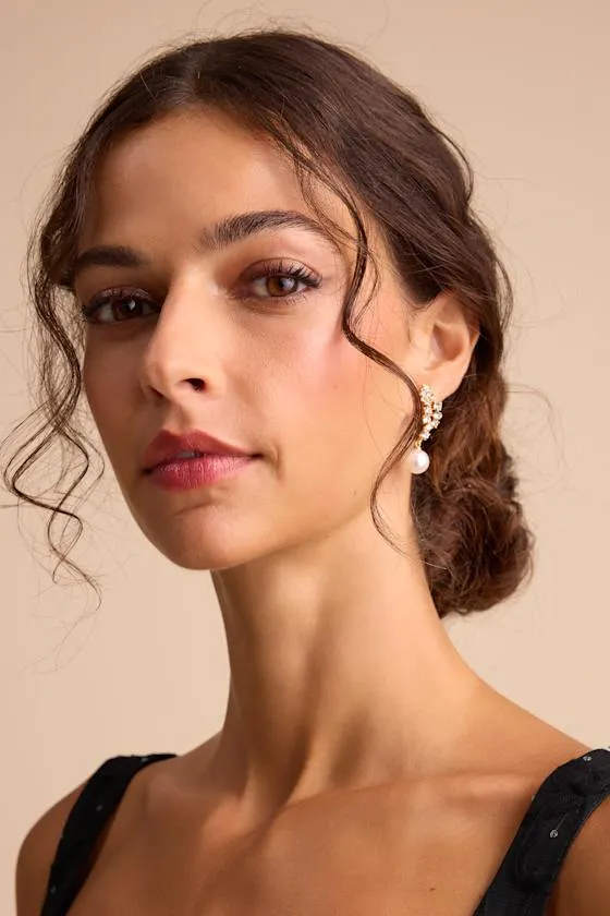 Gemmie Gold Rhinestone Pearl Leaf Earrings sold by Lulus product image thumbnail 3