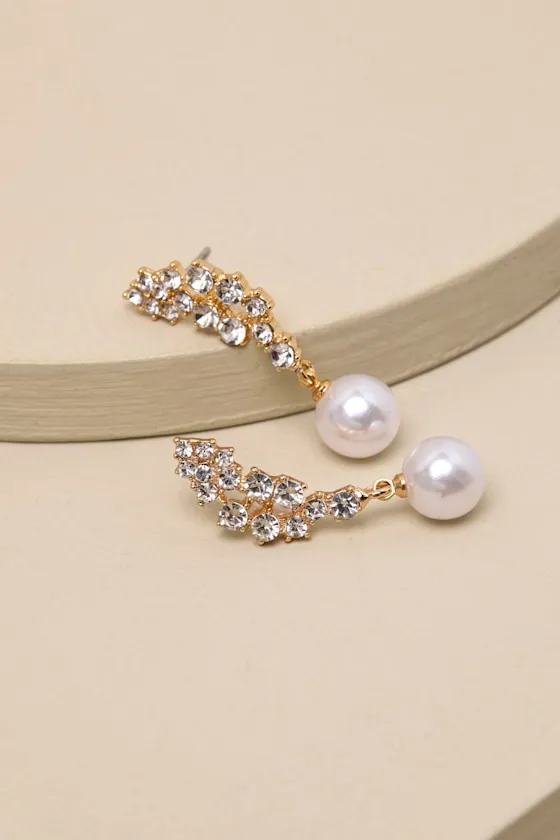 Gemmie Gold Rhinestone Pearl Leaf Earrings sold by Lulus product image thumbnail 4