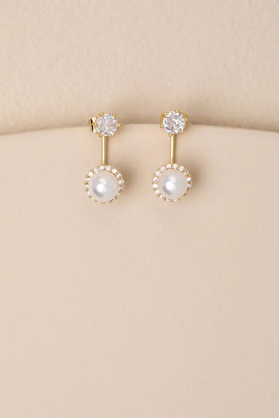 Draya Gold Rhinestone Pearl Drop Earrings sold by Lulus