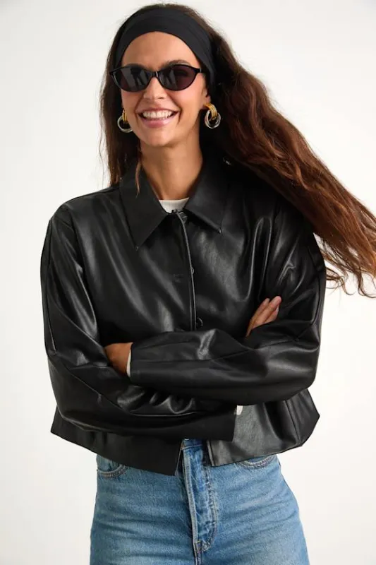 Mariely Black Vegan Leather Button-Front Cropped Jacket sold by Lulus