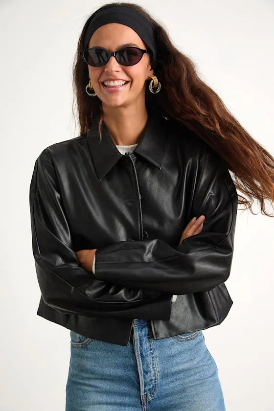 Mariely Black Vegan Leather Button-Front Cropped Jacket sold by Lulus