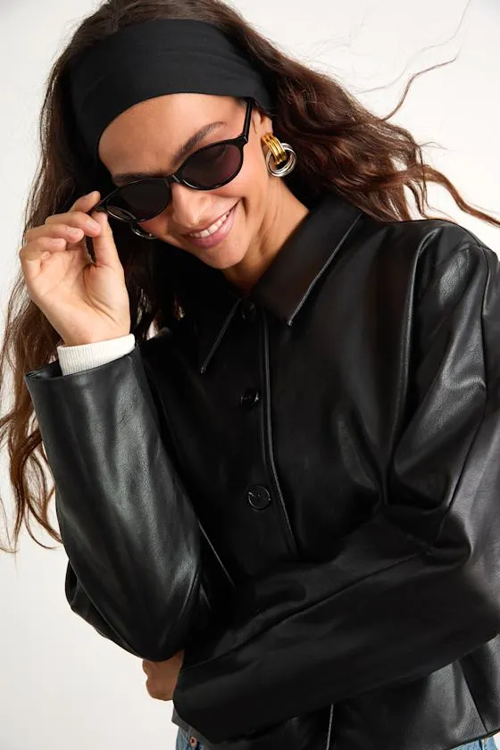 Mariely Black Vegan Leather Button-Front Cropped Jacket sold by Lulus product image thumbnail 2