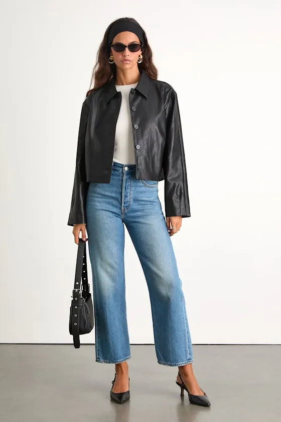 Mariely Black Vegan Leather Button-Front Cropped Jacket sold by Lulus product image thumbnail 3