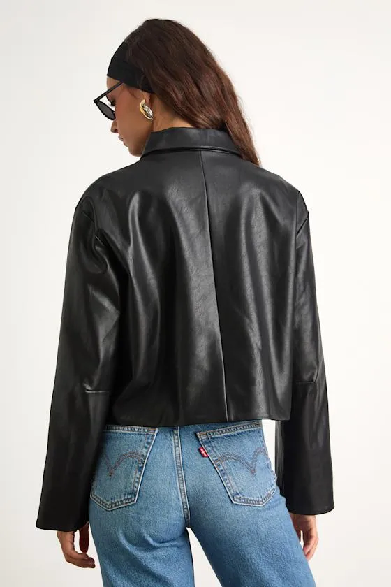 Mariely Black Vegan Leather Button-Front Cropped Jacket sold by Lulus product image thumbnail 4