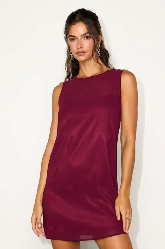 Kataleya Wine Red Chiffon Sleeveless Mini Shift Dress sold by Lulus