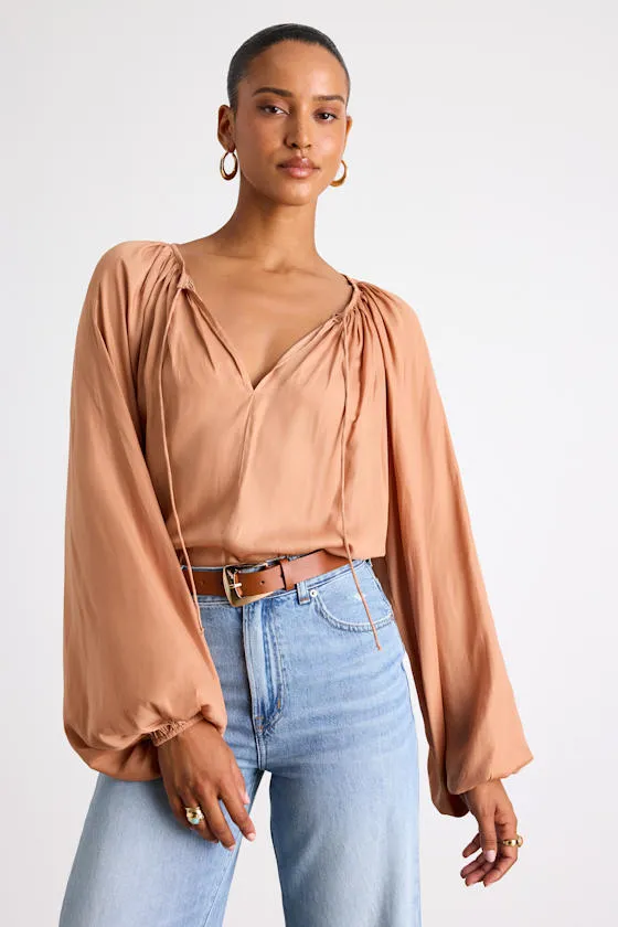 Hestia Tan Gathered Balloon Sleeve Top sold by Lulus