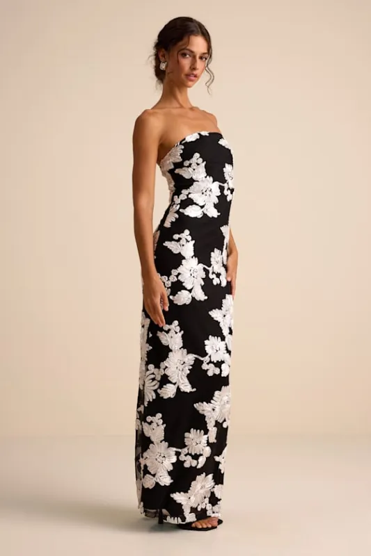 Fitzroy Black Floral Textured Strapless Maxi Dress sold by Lulus