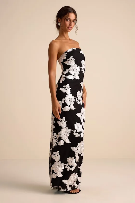 Fitzroy Black Floral Textured Strapless Maxi Dress sold by Lulus