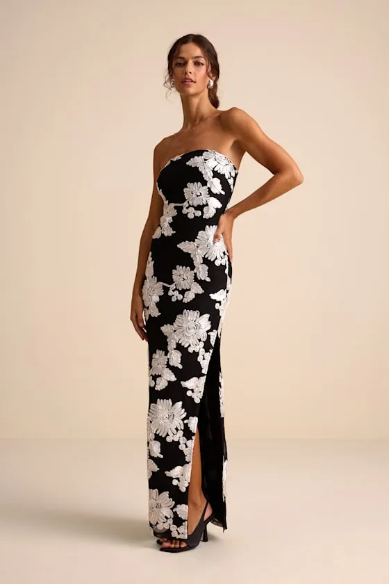 Fitzroy Black Floral Textured Strapless Maxi Dress sold by Lulus product image thumbnail 3