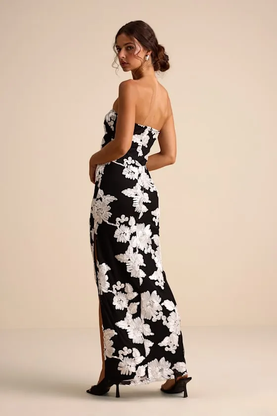 Fitzroy Black Floral Textured Strapless Maxi Dress sold by Lulus product image thumbnail 4