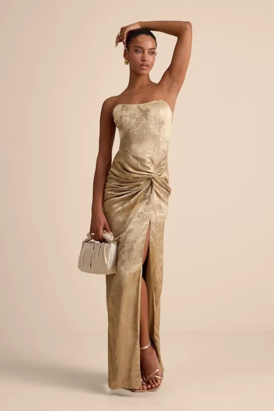 Whitney Gold Jacquard Strapless Twist-Front Maxi Dress sold by Lulus