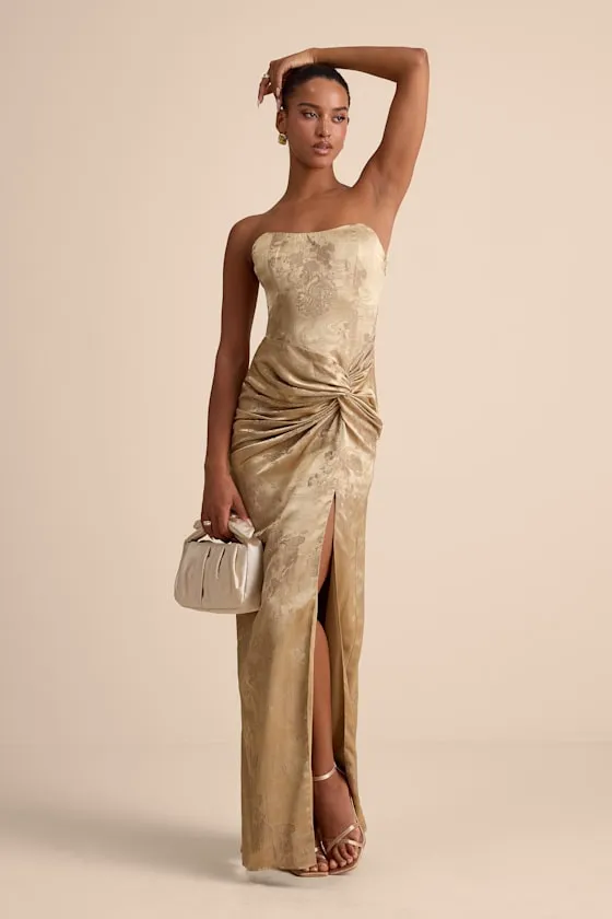 Whitney Gold Jacquard Strapless Twist-Front Maxi Dress sold by Lulus