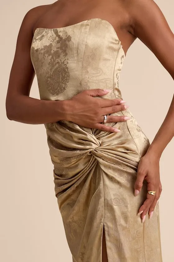 Whitney Gold Jacquard Strapless Twist-Front Maxi Dress sold by Lulus product image thumbnail 2
