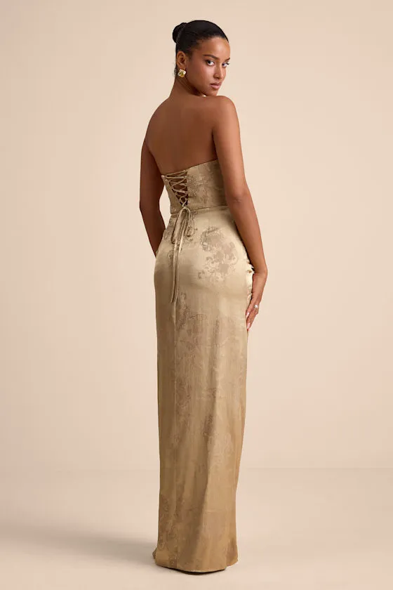 Whitney Gold Jacquard Strapless Twist-Front Maxi Dress sold by Lulus product image thumbnail 3