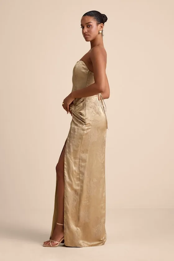 Whitney Gold Jacquard Strapless Twist-Front Maxi Dress sold by Lulus product image thumbnail 4