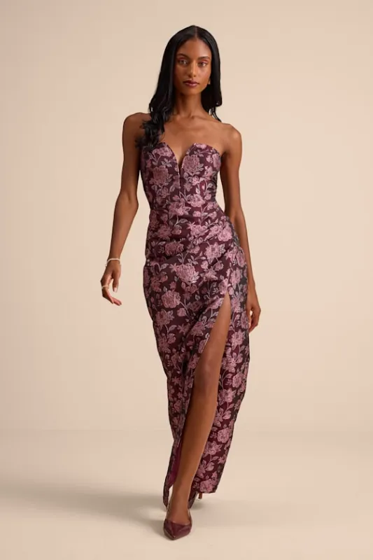 D’Amore Plum Floral Jacquard Strapless Tulip Maxi Dress sold by Lulus