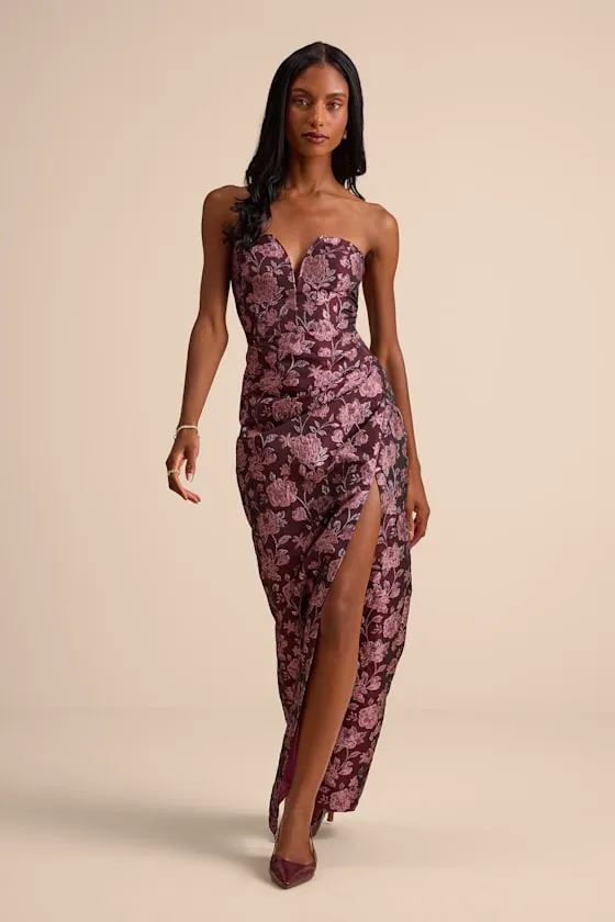 D’Amore Plum Floral Jacquard Strapless Tulip Maxi Dress sold by Lulus