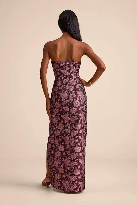 D’Amore Plum Floral Jacquard Strapless Tulip Maxi Dress sold by Lulus product image thumbnail 3