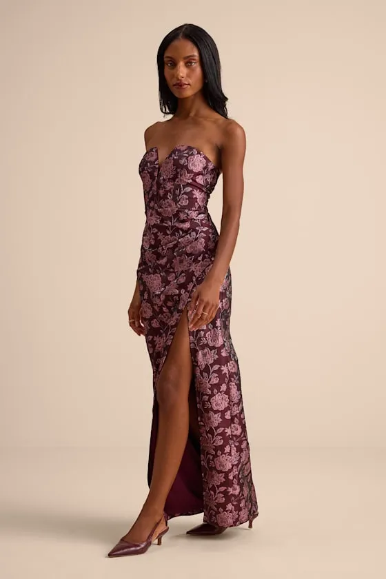 D’Amore Plum Floral Jacquard Strapless Tulip Maxi Dress sold by Lulus product image thumbnail 4