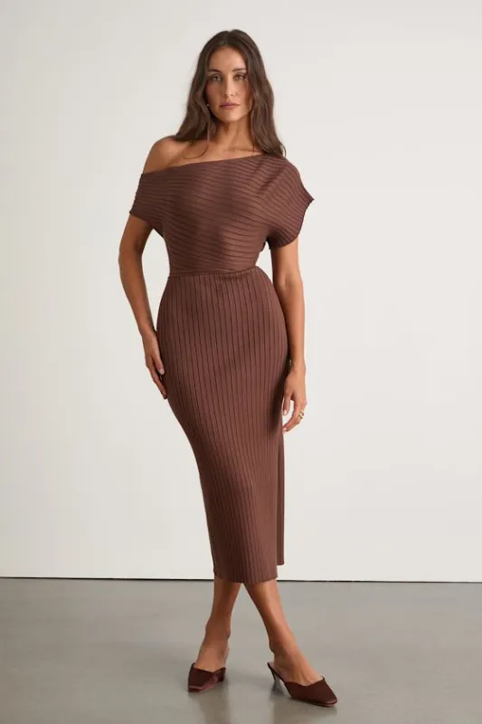 Brady Brown Ribbed Off-the-Shoulder Sweater Midi Dress sold by Lulus