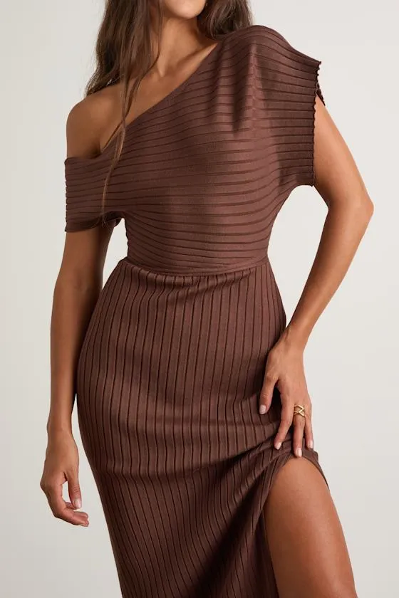 Brady Brown Ribbed Off-the-Shoulder Sweater Midi Dress sold by Lulus product image thumbnail 2
