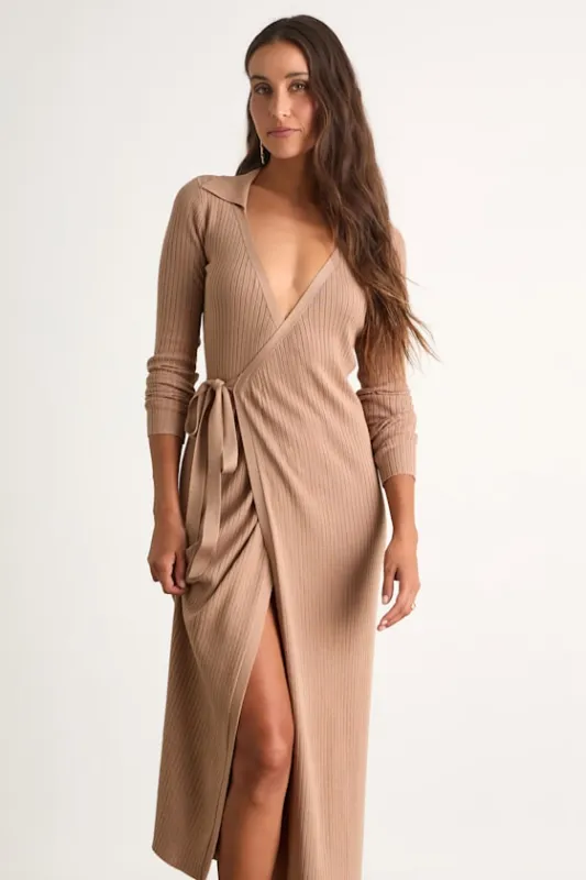 Neyla Beige Ribbed Sweater Wrap Midi Dress sold by Lulus