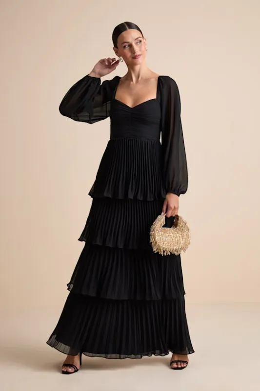 Impactful Elegance Black Tiered Balloon Sleeve Maxi Dress sold by Lulus