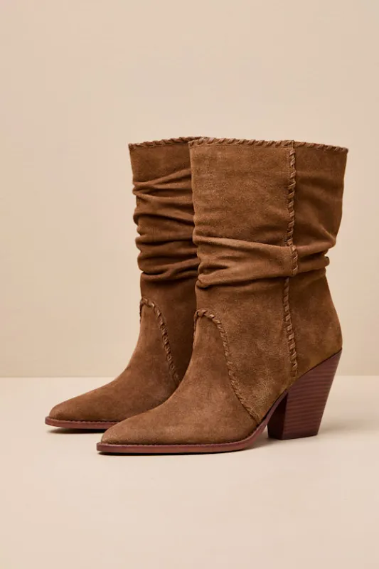 Julith Light Brown Suede Stitched Slouchy Mid-Calf Boots sold by Lulus