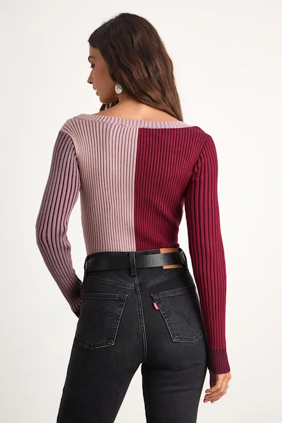 Mod Cutie Burgundy Color Block Ribbed Long Sleeve Bodysuit sold by Lulus product image thumbnail 2