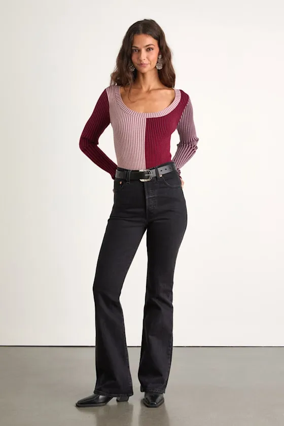 Mod Cutie Burgundy Color Block Ribbed Long Sleeve Bodysuit sold by Lulus product image thumbnail 3