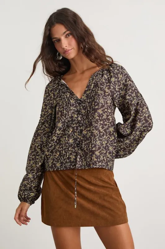 Noahlyn Black Floral Pleated Long Sleeve Blouse sold by Lulus