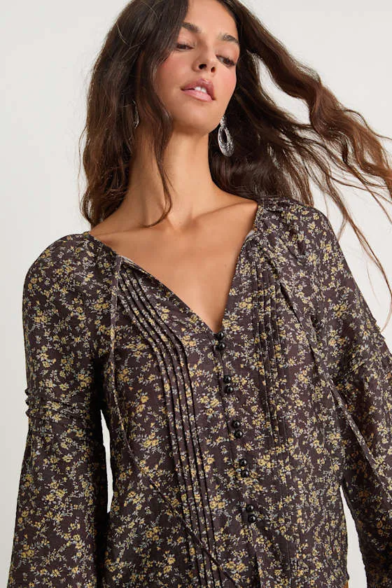 Noahlyn Black Floral Pleated Long Sleeve Blouse sold by Lulus product image thumbnail 2