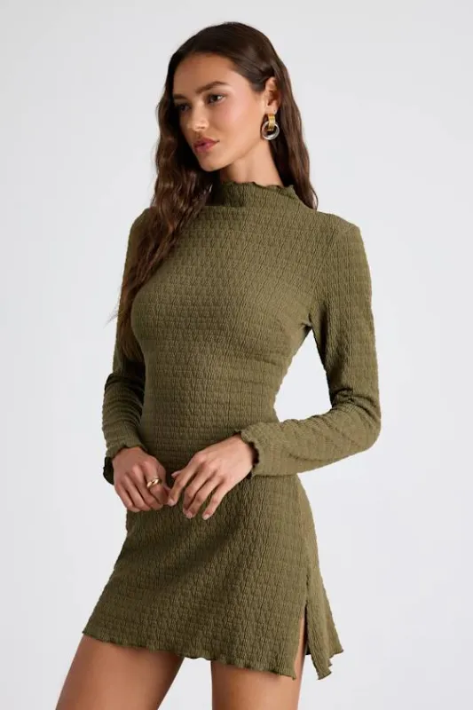 Flattering Forecast Olive Green Textured Long Sleeve Mini Dress sold by Lulus