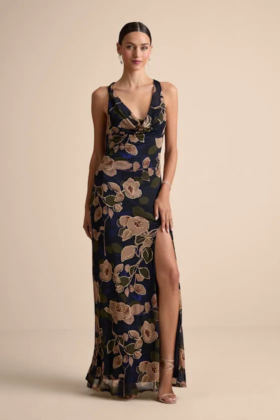 Kyra Navy Floral Mesh Cowl Neck Maxi Dress sold by Lulus