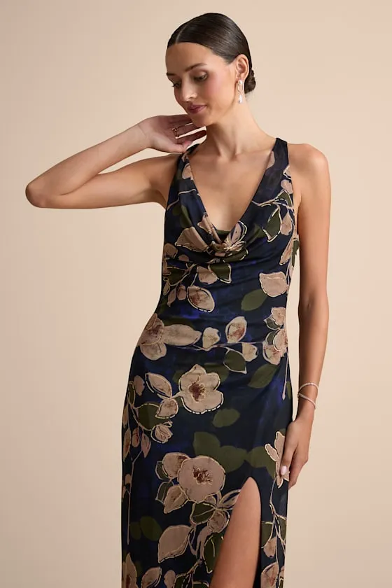 Kyra Navy Floral Mesh Cowl Neck Maxi Dress sold by Lulus product image thumbnail 2