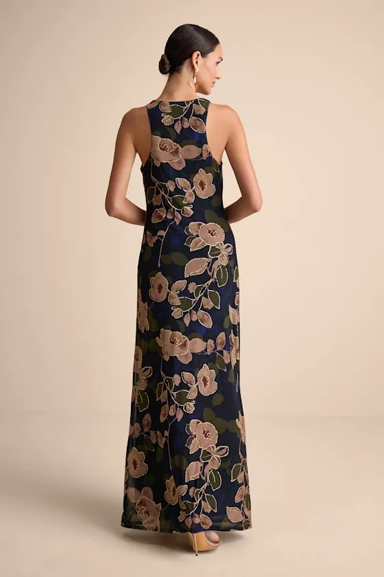 Kyra Navy Floral Mesh Cowl Neck Maxi Dress sold by Lulus product image thumbnail 3