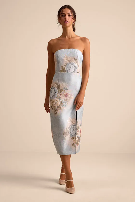 Hargrove Light Blue Floral Jacquard Strapless Midi Dress sold by Lulus