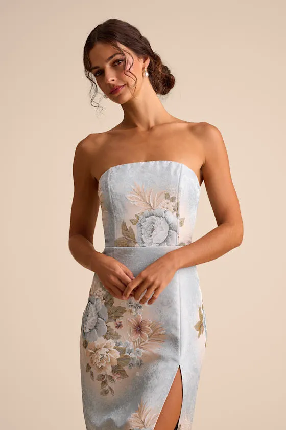 Hargrove Light Blue Floral Jacquard Strapless Midi Dress sold by Lulus product image thumbnail 2