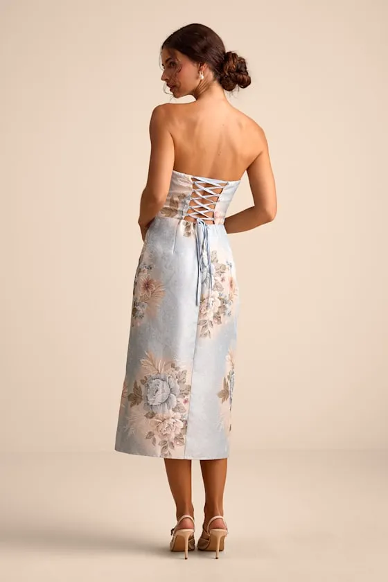 Hargrove Light Blue Floral Jacquard Strapless Midi Dress sold by Lulus product image thumbnail 3