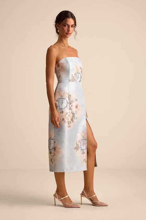 Hargrove Light Blue Floral Jacquard Strapless Midi Dress sold by Lulus product image thumbnail 4