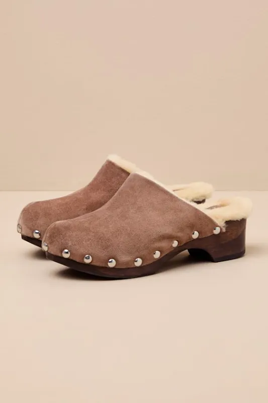 Mayfair Taupe Suede Leather Studded Clogs sold by Lulus