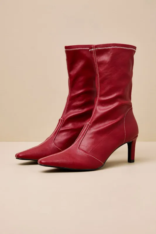 Clara Red Pointed-Toe Mid-Calf Boots sold by Lulus