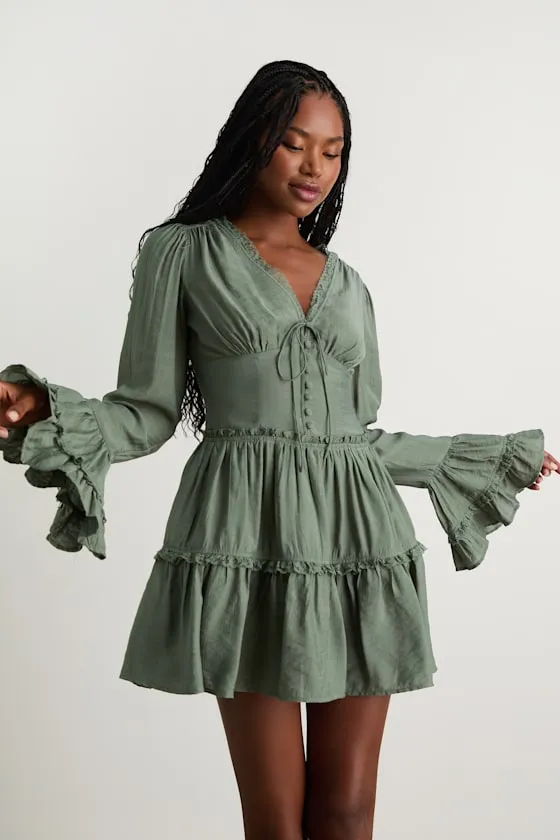 Ayaana Sage Green Long Sleeve Tiered Mini Dress sold by Lulus