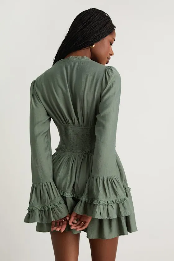 Ayaana Sage Green Long Sleeve Tiered Mini Dress sold by Lulus product image thumbnail 3